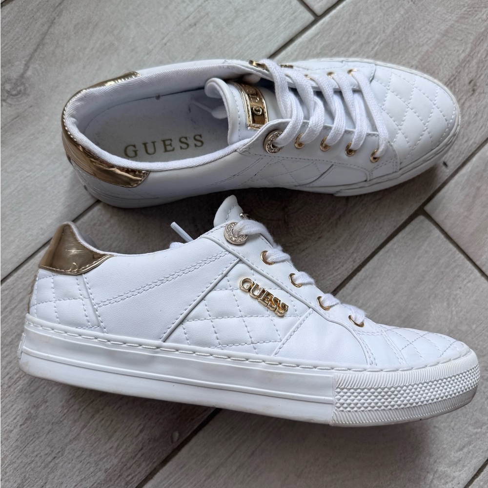 GUESS Women's Sneakers in White with Gold Details